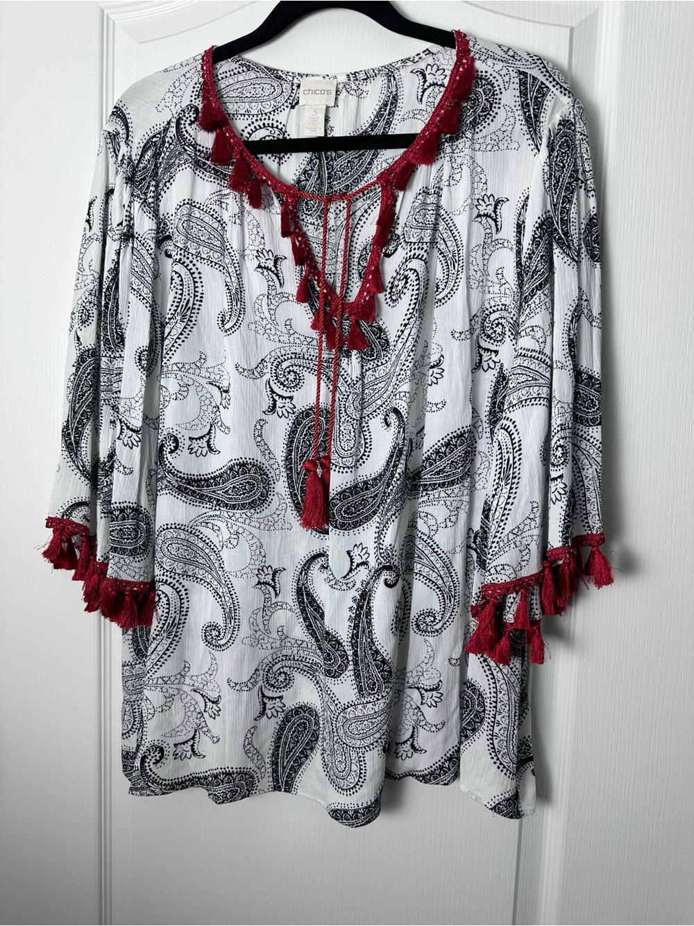 Chico's White Black Paisley Tunic with Red Tassel Detail